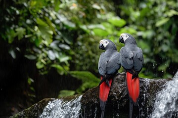 Canvas Print - Two parrots perched near a waterfall in a lush, green environment.