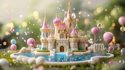 Poster - A whimsical castle surrounded by balloons and bubbles, set in a vibrant, magical landscape.