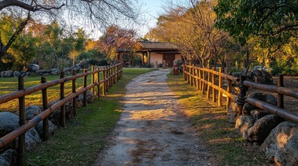 Poster - A serene pathway leads to a rustic building, surrounded by lush greenery and wooden fences.