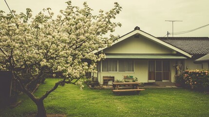 Sticker - A serene house with a flowering tree in a lush garden.