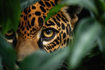 Poster - A close-up of a jaguar's eye peering through lush green foliage.