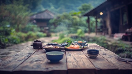 Poster - A rustic outdoor dining scene featuring a wooden table with various dishes and a serene backdrop.