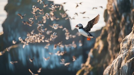 Wall Mural - A puffin flies amidst a flock of birds near rocky cliffs by the sea.