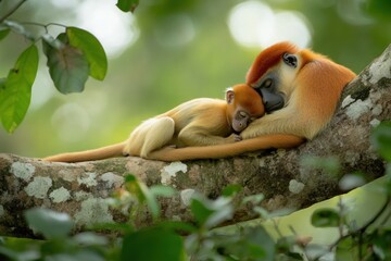 Poster - Two monkeys resting closely on a tree branch, showcasing affection and tranquility.