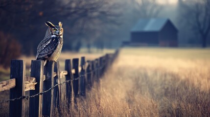 Sticker - An owl perched on a fence in a serene rural landscape with a barn in the background.