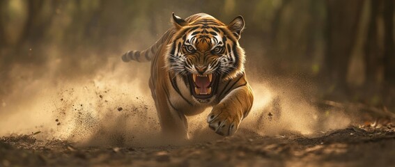 Canvas Print - A fierce tiger charging through a dusty forest, showcasing its power and agility.