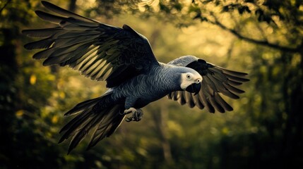 Sticker - A majestic gray parrot in flight amidst a forest backdrop.