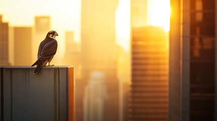 Wall Mural - A falcon perched on a ledge with a city skyline at sunset in the background.