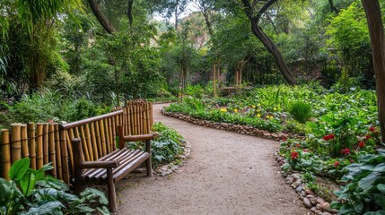 Poster - A serene garden path with benches surrounded by lush greenery and colorful flowers.