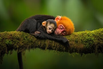 Wall Mural - Two monkeys resting together on a moss-covered branch in a lush environment.