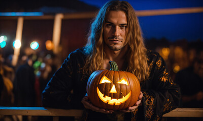 long hair man halloween pumpkin lantern