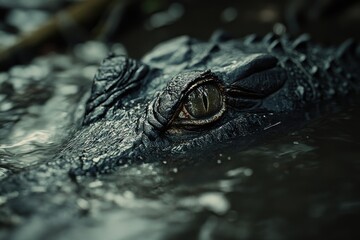 Wall Mural - A close-up of a crocodile's eye partially submerged in water, showcasing its textures and colors.