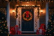 © Lelik - Festive front door decorated with a holiday wreath, red ribbon, and string lights, creating a warm and welcoming Christmas atmosphere for guests