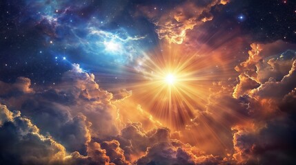 An awe-inspiring explosion of light and clouds in the vast sky, with bright rays piercing through, surrounded by a cosmic backdrop of stars and galaxies. This hyper-realistic and detailed image symbol