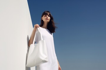 Canvas Print - Hold white tote bag outdoors handbag dress.