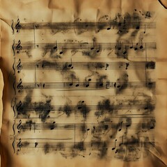 Old musical sheet with faded notes and ink stains, creating a vintage aesthetic.