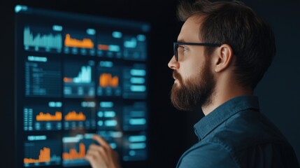 Professional man analyzing data on a digital screen in a modern workspace.