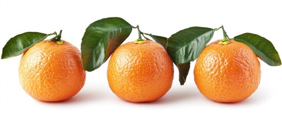 Poster - Three ripe mandarins with green leaves, isolated on a white background.