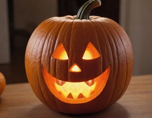 there is a carved pumpkin with a glowing face on it.