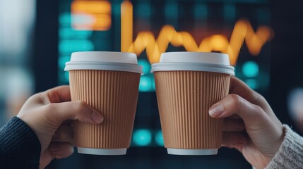 Two hands clinking coffee cups, symbolizing celebration and teamwork. Background features an upward trend graph.