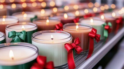 Various scented candles with festive ribbons, softly glowing flames in a cozy ambiance.