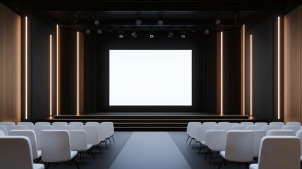 A modern auditorium with a blank screen and white chairs, designed for presentations or events.