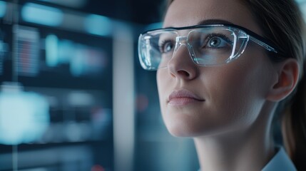 Woman in glasses, focused on digital display