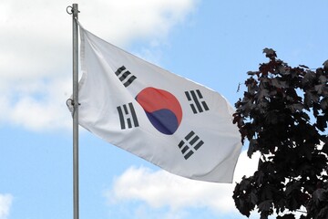 The national flag of the Republic of Korea (South Korea) flies up a flagpole on a beautiful summer day with a background of blue sky and white clouds.