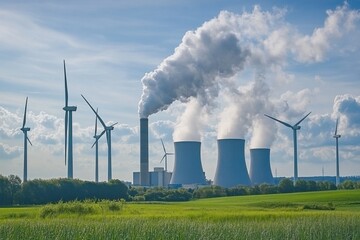 Power plant with cooling towers releasing steam into the sky with surrounding green fields and wind turbines