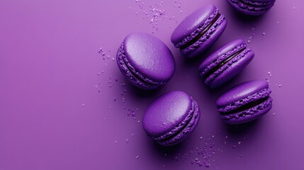 Poster - Flat lay of purple macarons with subtle decorations, set against a purple background for a colorful and minimalist food presentation.