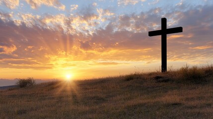 Wall Mural - A stunning golden cross shines brightly in the sky, surrounded by rays of light during twilight, representing a powerful symbol of faith and inspiration for believers