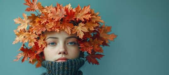 Autumn Portrait with Leaf Crown and Blue Background