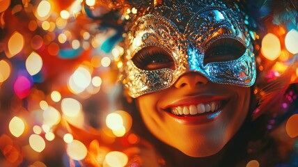 Smiling woman in glittery carnival mask