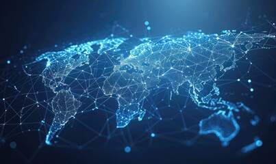 a low-poly map of the world. a grid of lines and points. blue background.