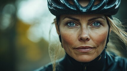 Confident cyclist close-up in nature setting.