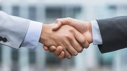 Close-up image of a firm handshake between two colleagues in office.
