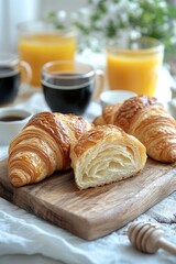 Sticker - A cozy breakfast with fresh croissants, honey, coffee, and orange juice