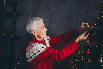 Sticker - Photo of nice aged woman decorate tree christmas festive illumination apartment indoors