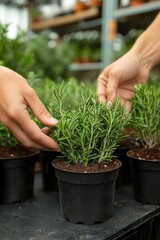 Poster - Hand touching rosemary plant in a garden center surrounded by various herbs in pots