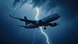 © realone952 - Close-up of passenger plane flying through thunderstorm with broken landing gear due to lightning strike.