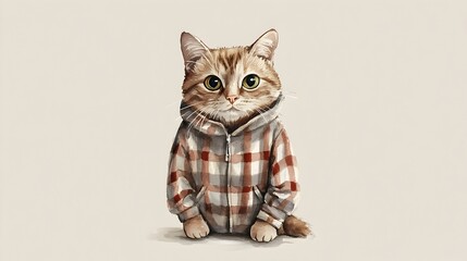 Cozy Cocoa Cat in Comfy Flannel Onesie on Soft Gray Background