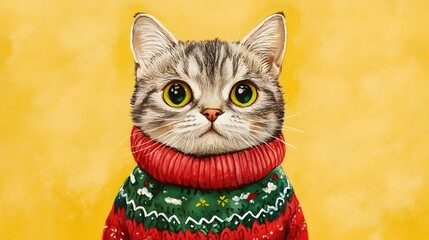  Cozy Festive Feline in Cheerful Knitted Holiday Sweater on Mustard Yellow Background