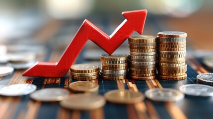 Poster - Coin stack with a red downward arrow symbolizing financial uncertainty caused by falling interest rates.