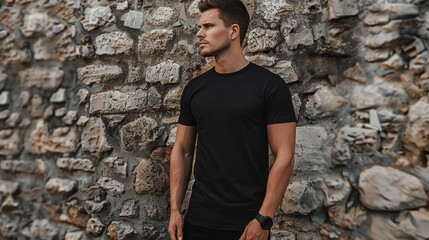 Wall Mural - Man in Black T-shirt Standing Against Stone Wall