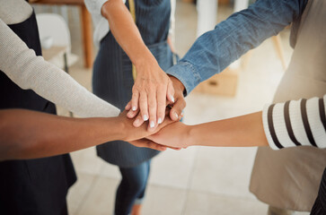 Poster - Fashion, tailor and hands of people in huddle for mission, support and design startup together. Workshop, closeup and designers with gesture for manufacturing industry, textile production or teamwork