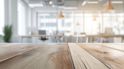 Poster - A light wooden table top stands out against a blurred office scene. These concepts are used to present products.