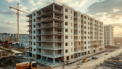 Leinwandbilder - A apartment block under construction, Tall building under construction with scaffolds, Construction Site of New Building.