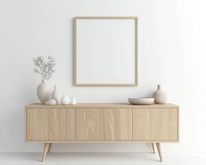 Canvas Print - The mockup frame on the cabinet in the living room interior with an empty wall background is shown in this image