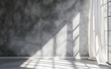 Fototapete - Light cement floor, empty room with gray concrete texture walls, sunlight streaming in