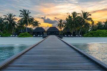 Poster - Sunset panoramic view at Maldives. Luxury villas seascape with soft led lights under colorful sky. Sky with colorful clouds and beautiful twilight sky. Perfect beach background for vacations.